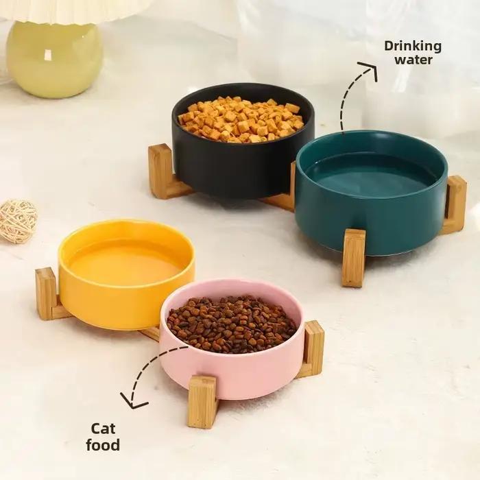 Bol en céramique pour animaux de compagnie avec support en bois