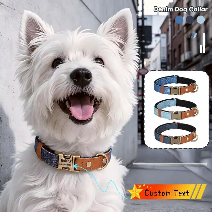 Collier pour animaux de compagnie en denim personnalisable avec boucle métallique gravée à dégagement rapide réglable