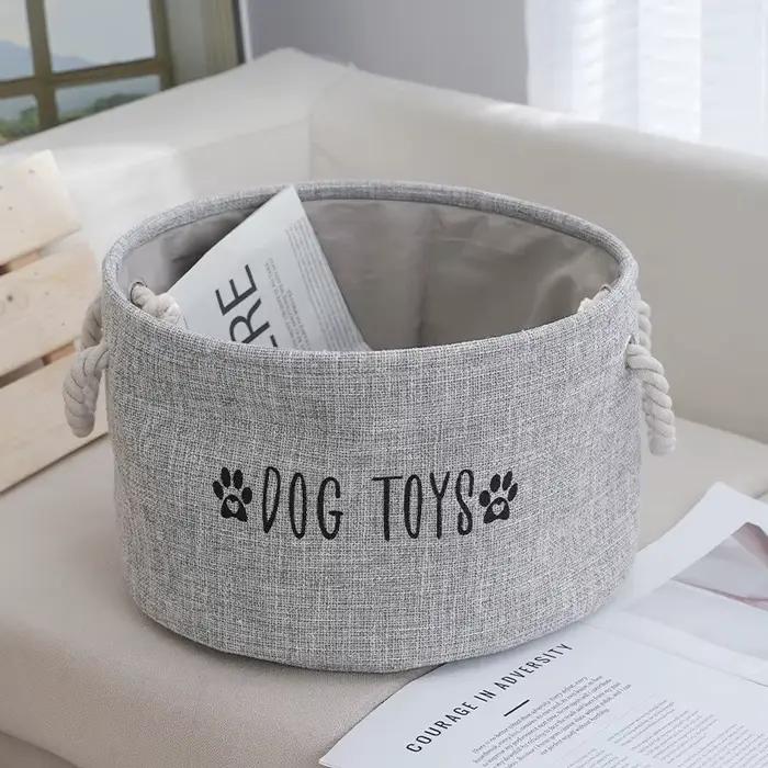 Grand panier de rangement pour jouets de chien en tissu simili lin - Organisateur rond spacieux pour