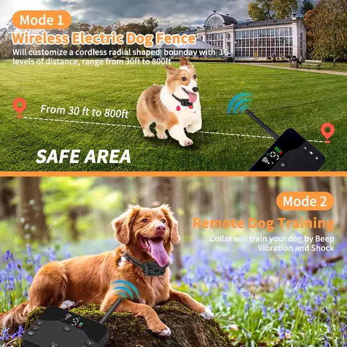 Clôture électrique sans fil 2 en 1 pour chien et collier d'entraînement à choc