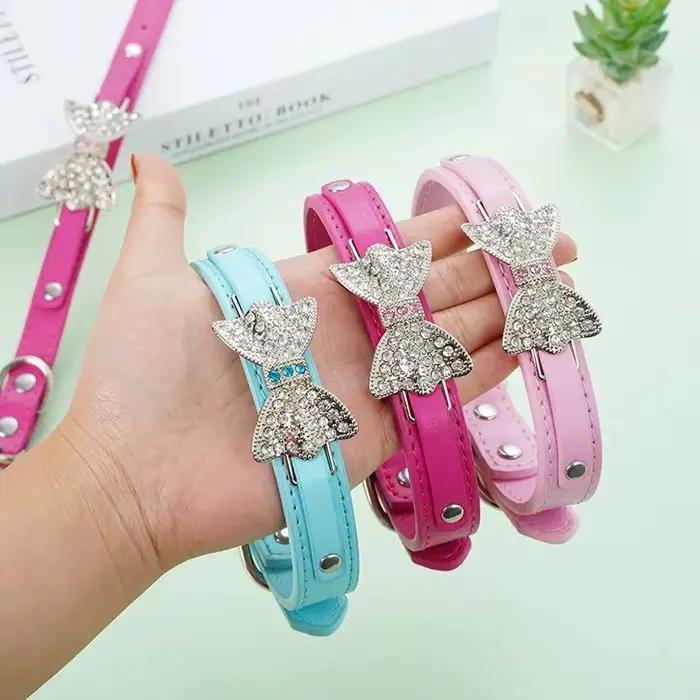 Collier de chiot en cuir PU pour chien, mignon, strass scintillants, nœud papillon, Chihuahua, pour