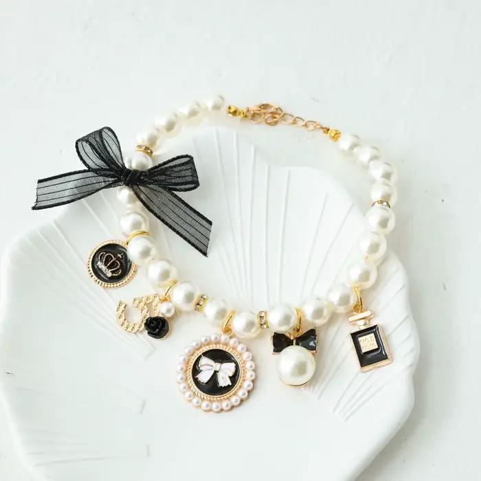 Collier de perles avec nœud pour animaux de compagnie, bijoux pour chat, pendentif de princesse, déc