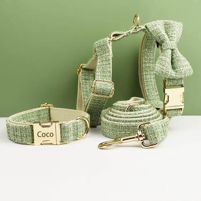 Ensemble collier et harnais vert citron pour chien avec plaque nominative gravée sur mesure
