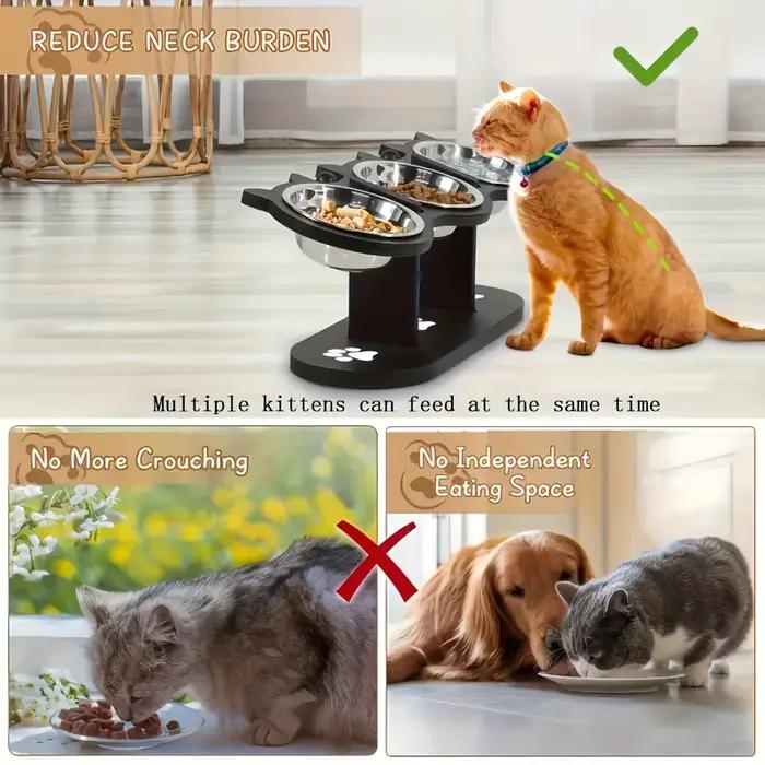 Bol pour chat surélevé à 3 niveaux avec supports en bois et acier inoxydable, support réglable à ang
