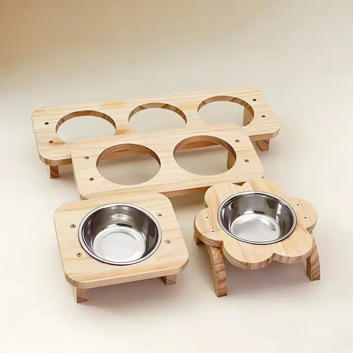 Distributeur de nourriture pour animaux de compagnie d'intérieur avec support surélevé en bois massif