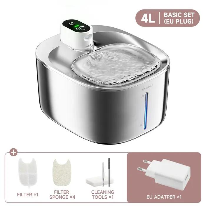 4L Fontaine a Eau Chat sans Fil en Acier Inoxydable