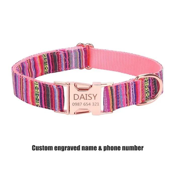 Collier pour chien rayé bohème personnalisé avec boucle en or rose