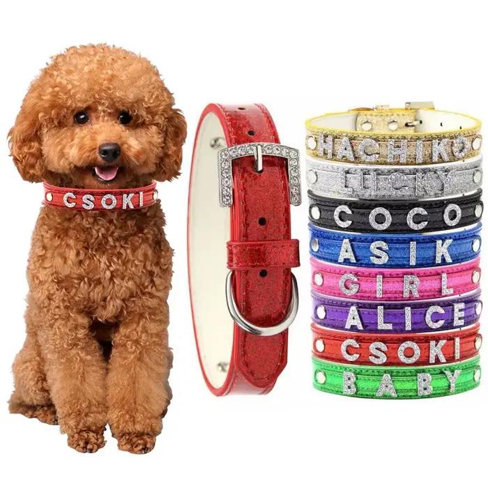 Animaux de compagnie nom étiquette collier de chien Bling strass bricolage nom chiot chat colliers en cuir pour petits
