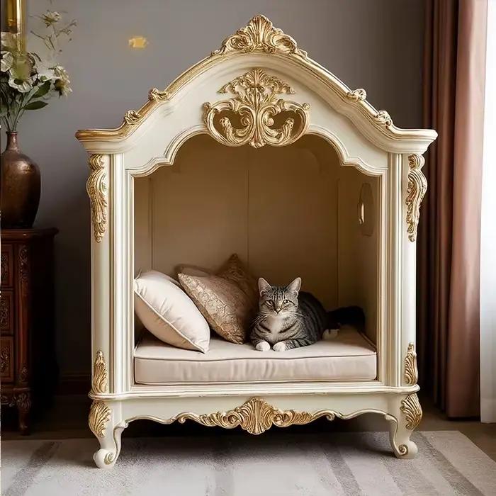 Niches pour chats et chiens en bois massif sculpté, niche de luxe pour chien, villa pour animaux de