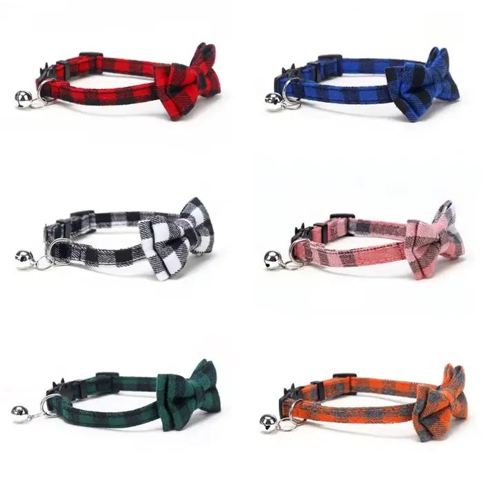 Collier pour chat détachable pour animaux de compagnie, nœud papillon et cloche, mignon Plaid de noë