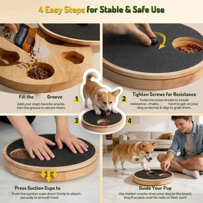Planche à gratter pour chien avec lime à ongles rotative 3 en 1, distributeur de nourriture, tapis en bois de caoutchouc, ventouses antidérapantes