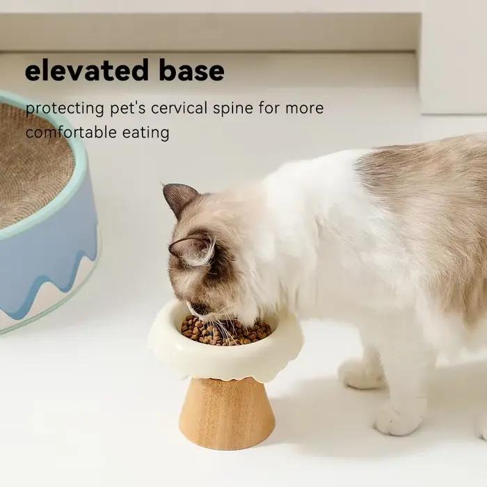 Bol pour animaux de compagnie en céramique surélevé avec base en bois surélevée – Design amovible de 250 ml