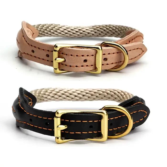 Collier de chien en cuir véritable réglable avec boucle en cuivre