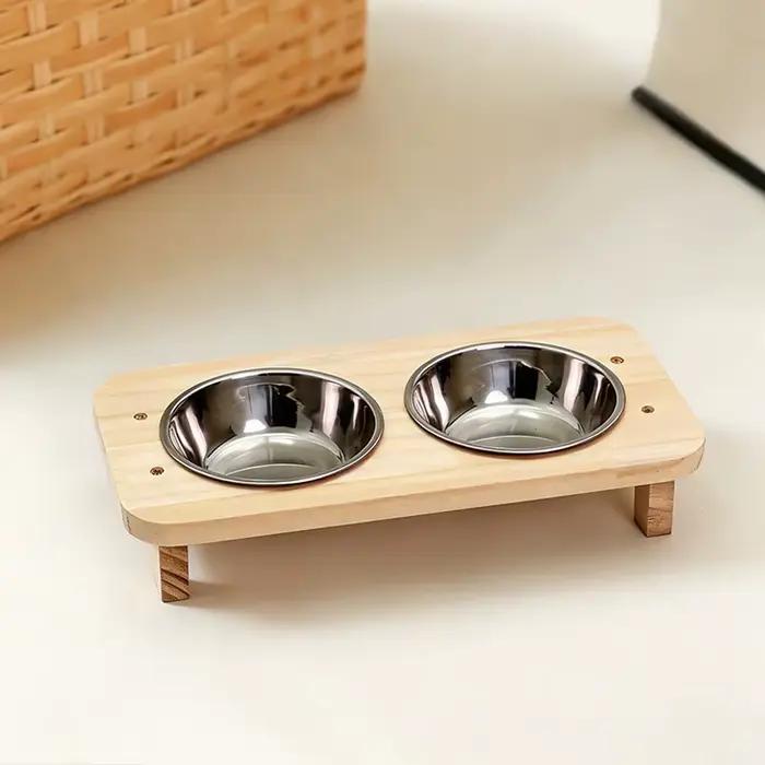 Distributeur de nourriture pour animaux de compagnie d'intérieur avec support surélevé en bois massif