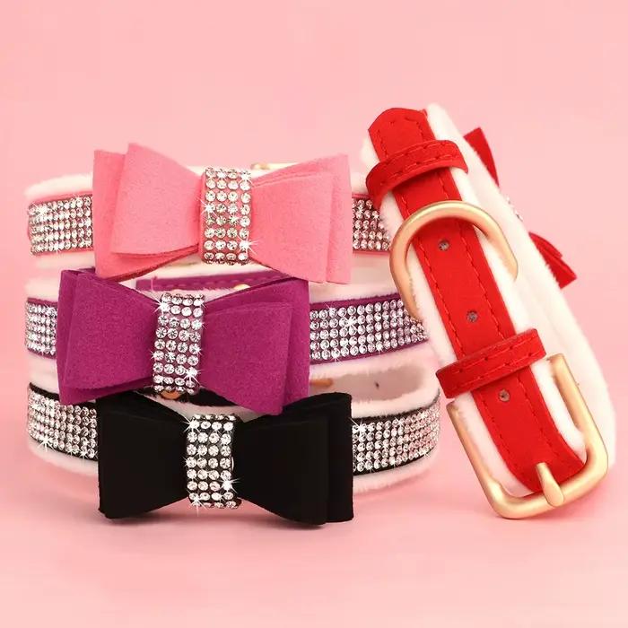 Collier pour chien avec nœud papillon mignon, strass scintillants, pour petits chiens et chats, en v