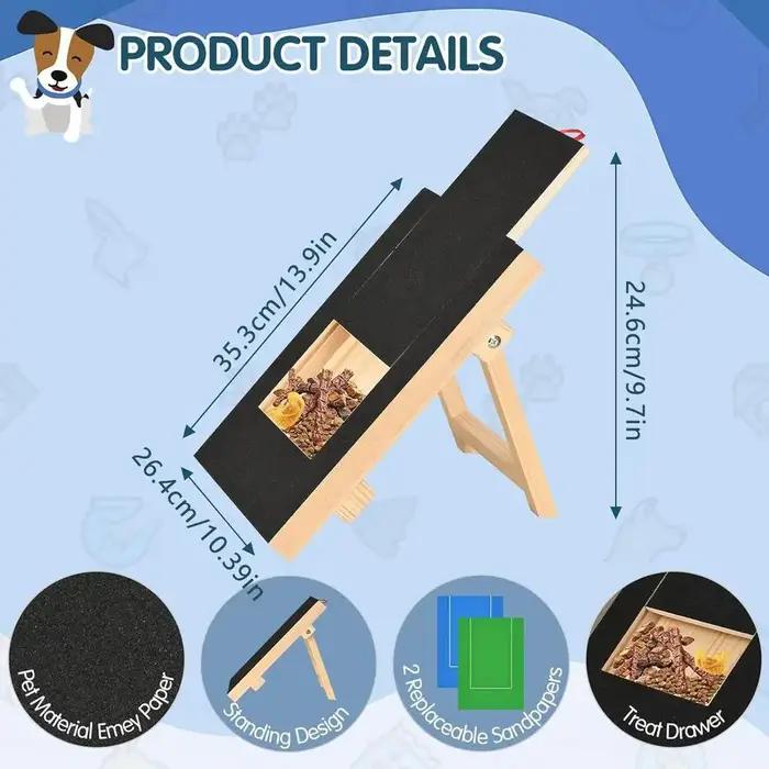 Grattoir en bois pour chiens avec boîte à friandises intégrée, plateau de coupe-griffes, surface en papier de verre à conception coulissante, jouet à gratter