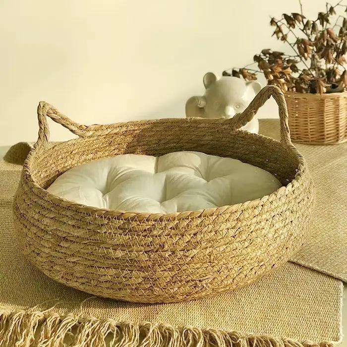 OUZEY rotin tissage chat panier animal de compagnie chat lit avec coussin doux chaud chiot chaton li