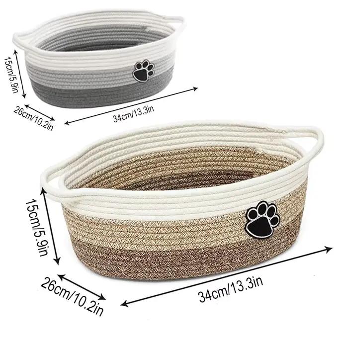 Panier de rangement pour jouets pour animaux de compagnie avec poignée. Tissage artisanal avec des empreintes de pattes