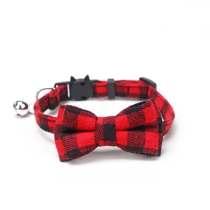 Collier pour chat détachable pour animaux de compagnie, nœud papillon et cloche, mignon Plaid de noë