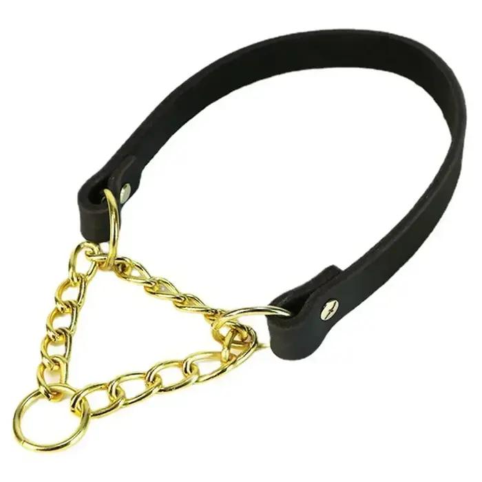 Collier de chien en cuir véritable robuste avec chaîne en métal Martingale