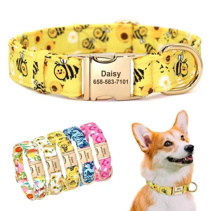 Collier de chien en Nylon personnalisé fleur abeille imprimé colliers de chiot gratuit personnalisé