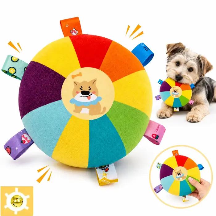 Jouet à mâcher en peluche pour chien avec clochette, jouet interactif de tirage et de lancer, disque volant doux, jouet de dentition avec languettes en tissu pour petits chiens et chiots