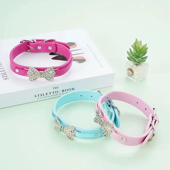 Collier de chiot en cuir PU pour chien, mignon, strass scintillants, nœud papillon, Chihuahua, pour