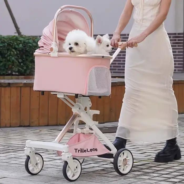Poussette de luxe en cuir PU pour animaux de compagnie