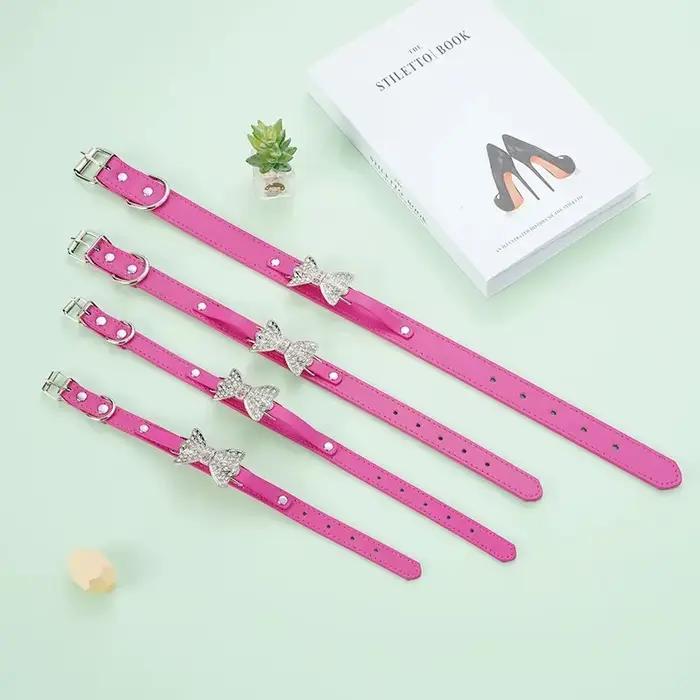 Collier de chiot en cuir PU pour chien, mignon, strass scintillants, nœud papillon, Chihuahua, pour