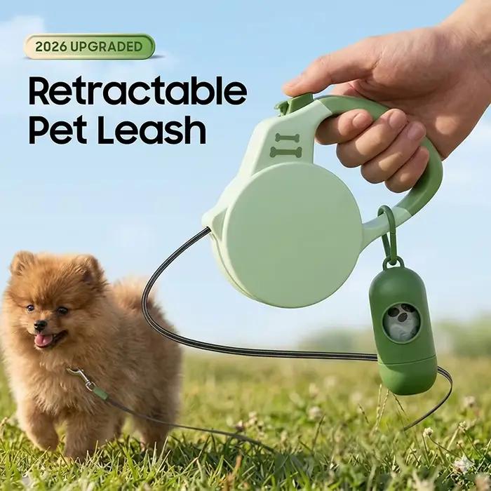 Laisse rétractable pour chien et chat avec distributeur de sacs à excréments