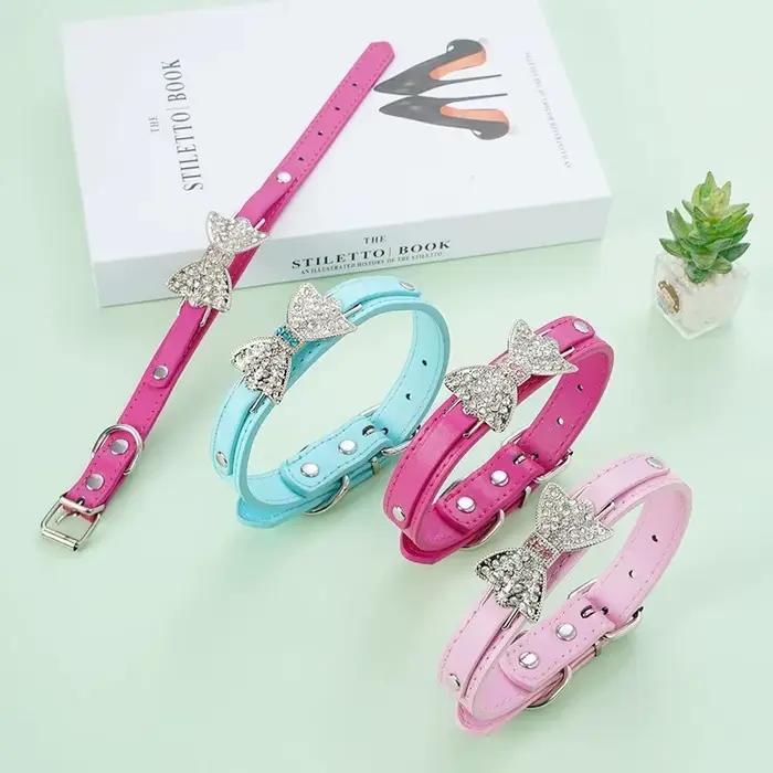 Collier de chiot en cuir PU pour chien, mignon, strass scintillants, nœud papillon, Chihuahua, pour